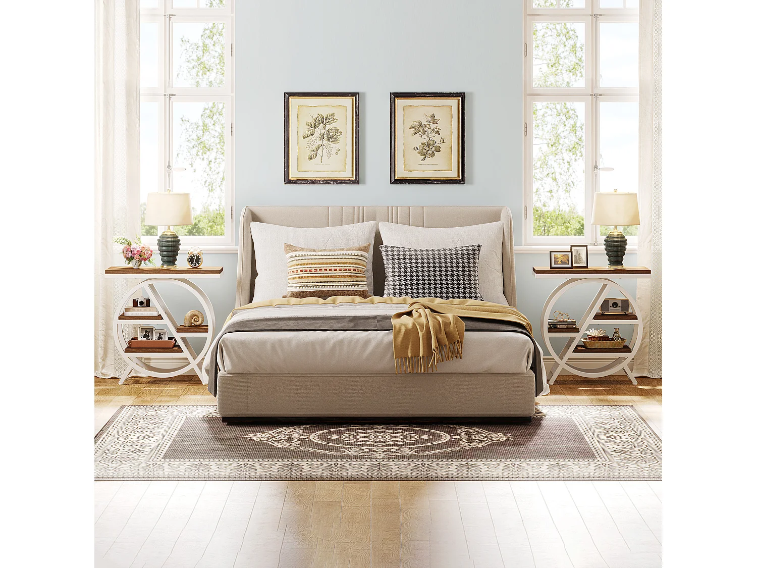 Table d'appoint pour salon, table d'appoint étroite à 3 niveaux avec rangement, marron clair et blanc