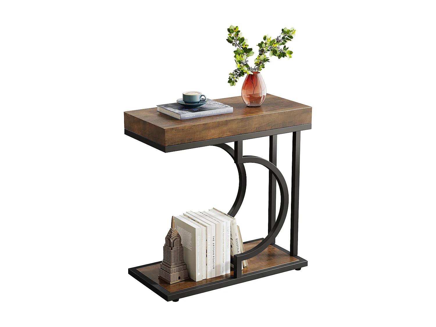 Table d'appoint étroite marron et noire en forme de C, table de chevet moderne pour canapé