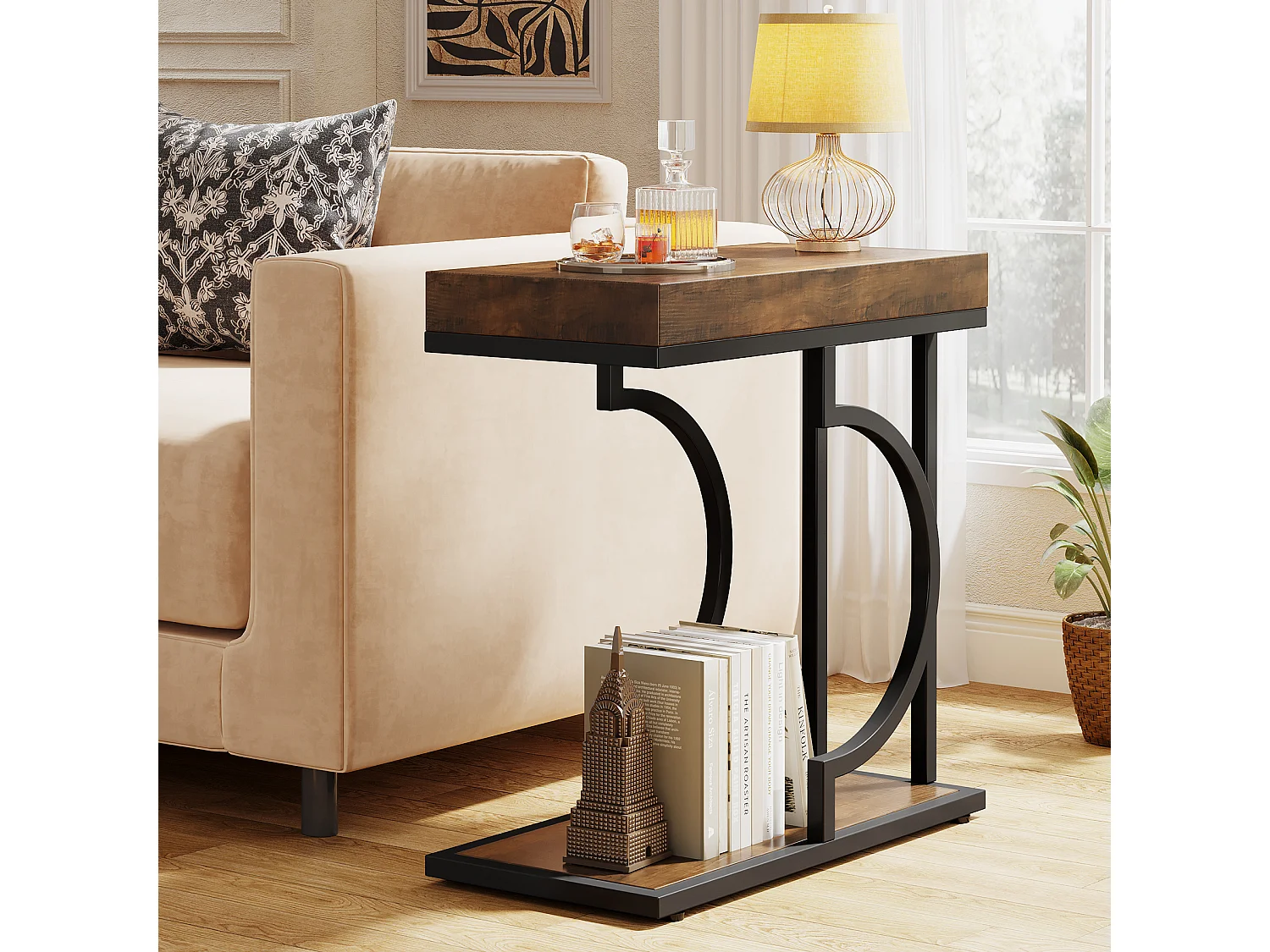 Table d'appoint étroite marron et noire en forme de C, table de chevet moderne pour canapé