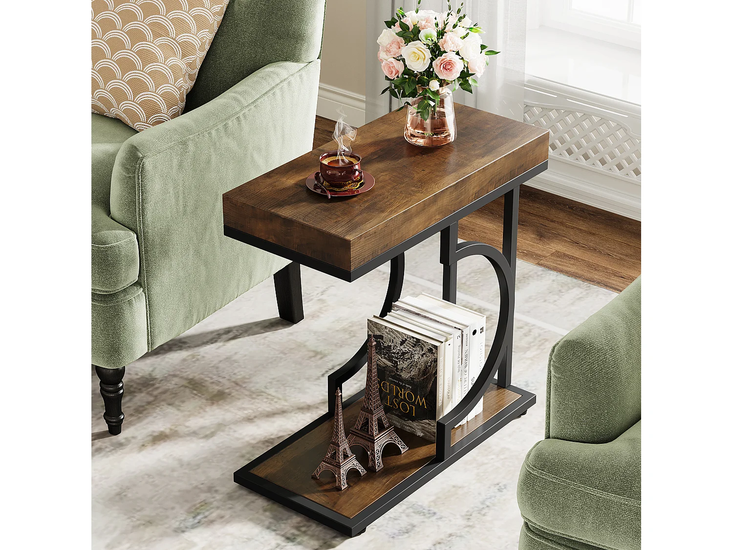 Table d'appoint étroite marron et noire en forme de C, table de chevet moderne pour canapé