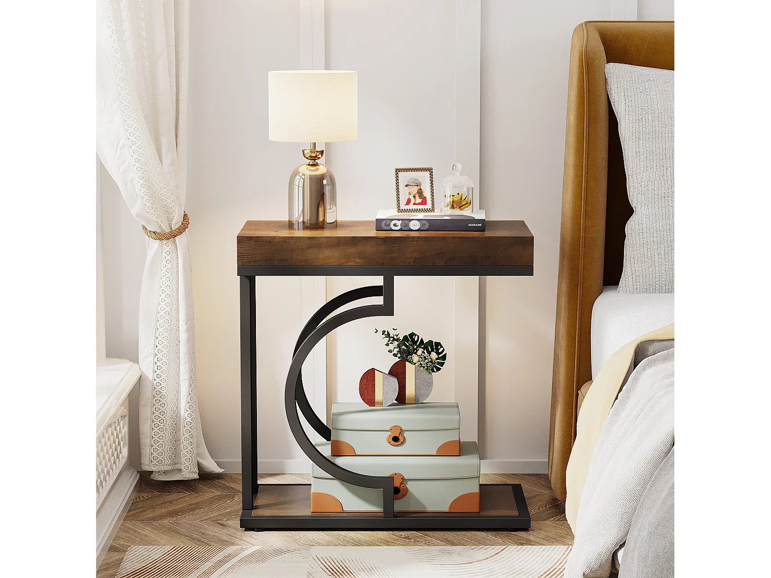 Table d'appoint étroite marron et noire en forme de C, table de chevet moderne pour canapé