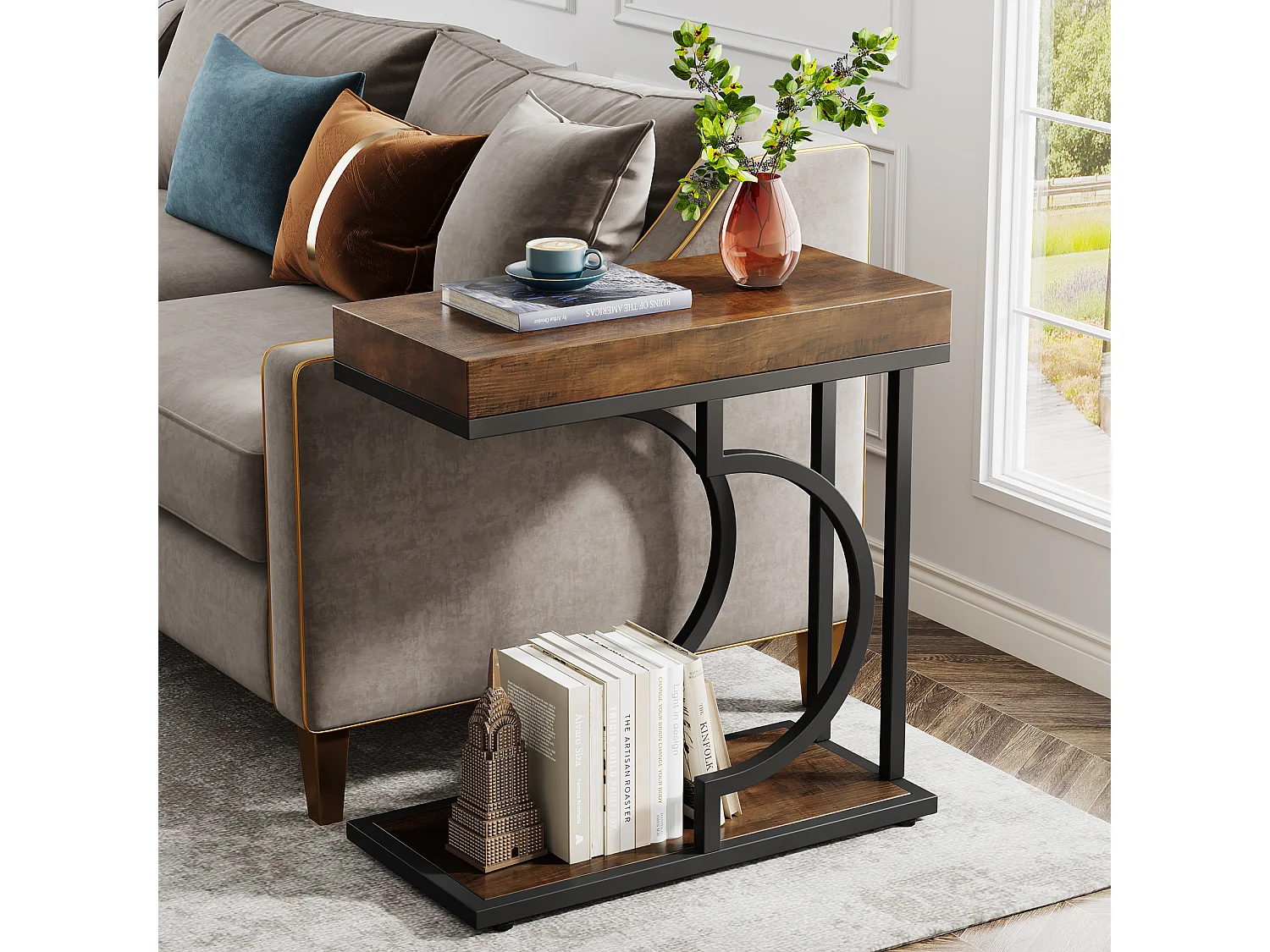 Table d'appoint étroite marron et noire en forme de C, table de chevet moderne pour canapé