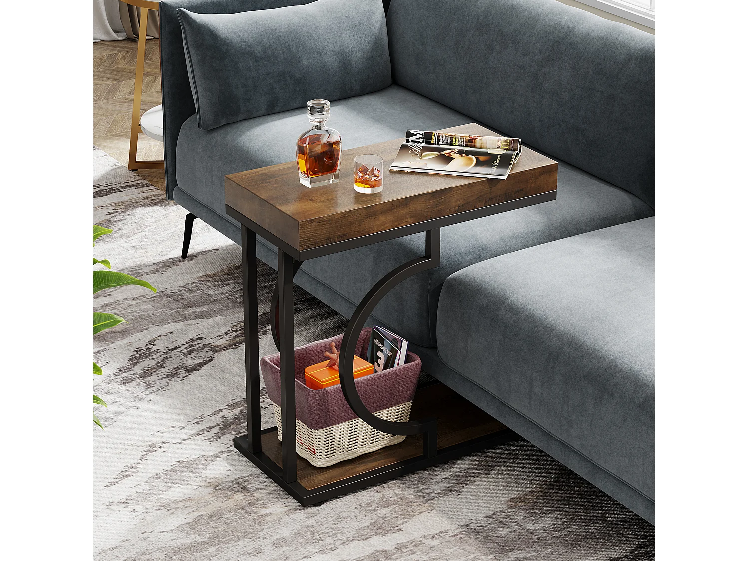 Table d'appoint étroite marron et noire en forme de C, table de chevet moderne pour canapé