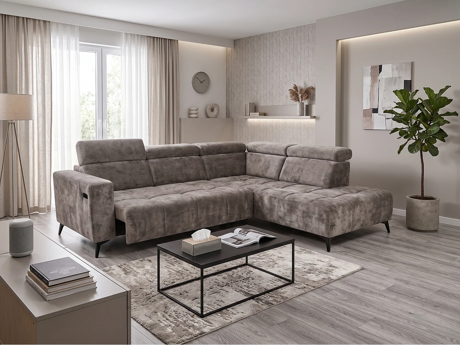 Canapé d’angle Felicity – premium, relaxation électrique, USB et design modern organic