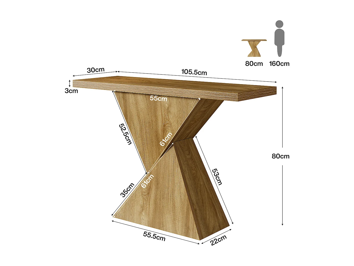 Console d'entrée de 105 cm, table d'appoint étroite à placer derrière un canapé avec un piètement géométrique