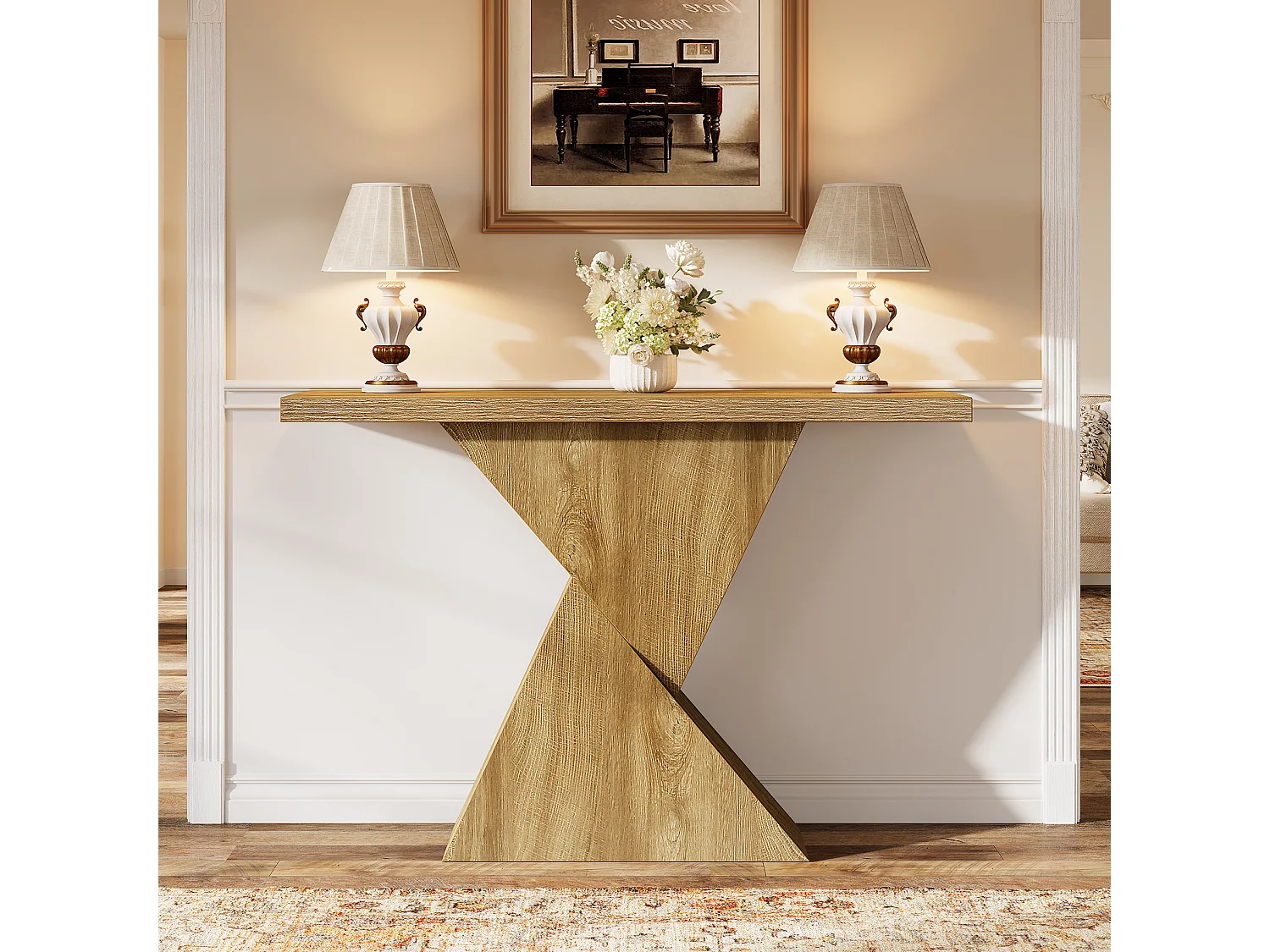 Console d'entrée de 105 cm, table d'appoint étroite à placer derrière un canapé avec un piètement géométrique