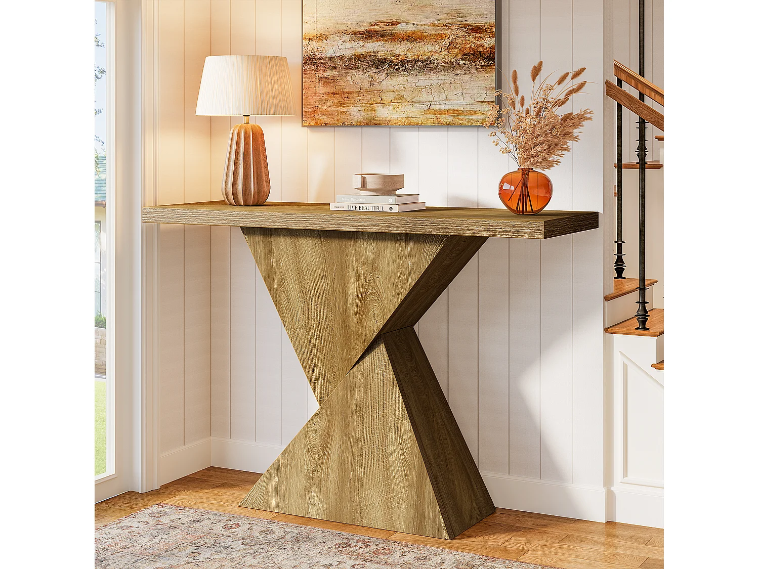 Console d'entrée de 105 cm, table d'appoint étroite à placer derrière un canapé avec un piètement géométrique