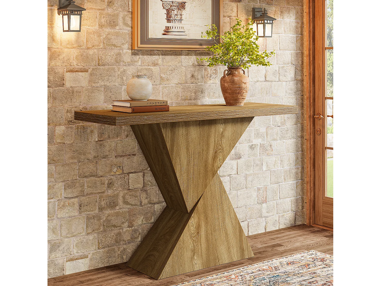 Console d'entrée de 105 cm, table d'appoint étroite à placer derrière un canapé avec un piètement géométrique