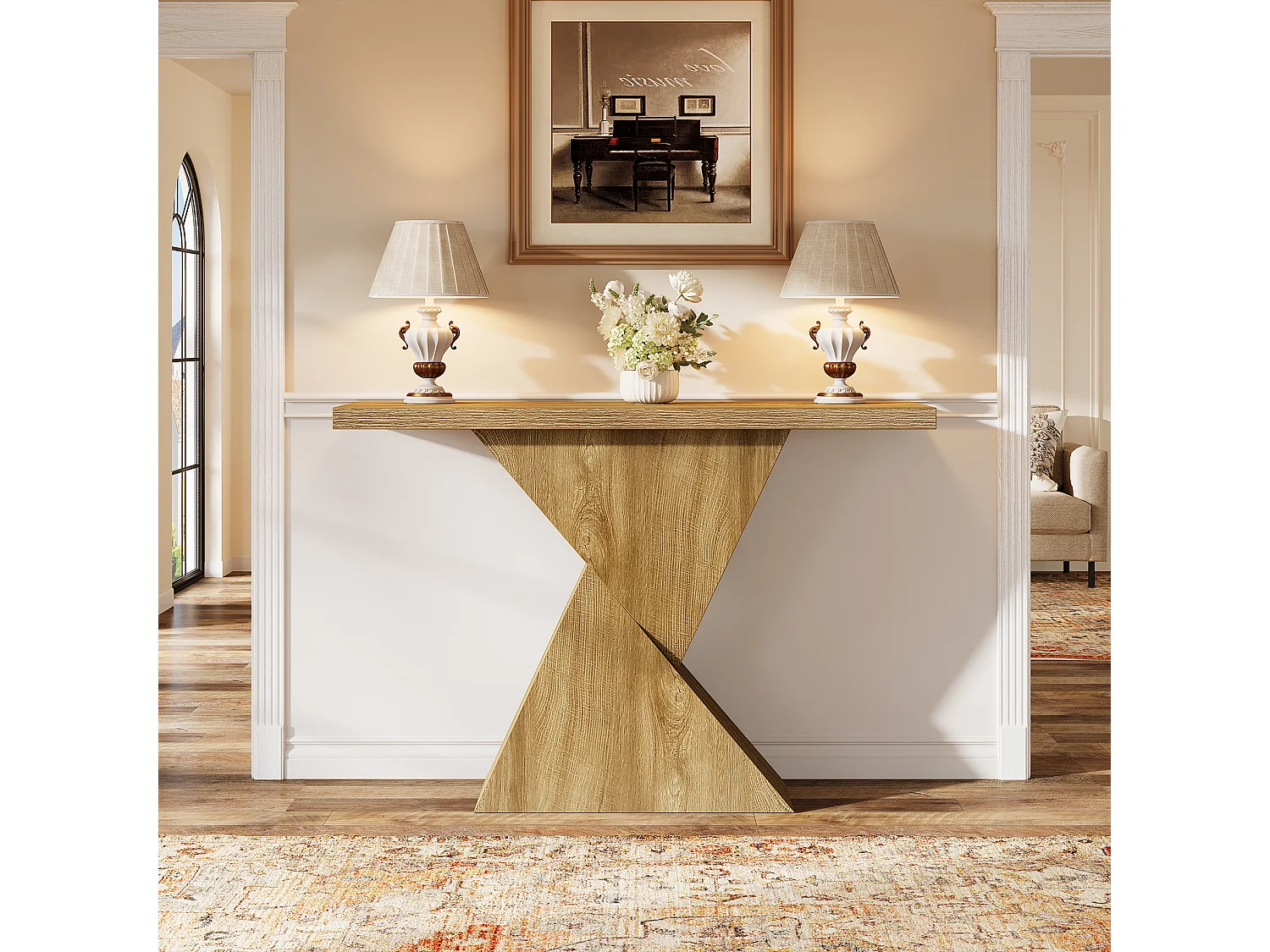 Console d'entrée de 105 cm, table d'appoint étroite à placer derrière un canapé avec un piètement géométrique