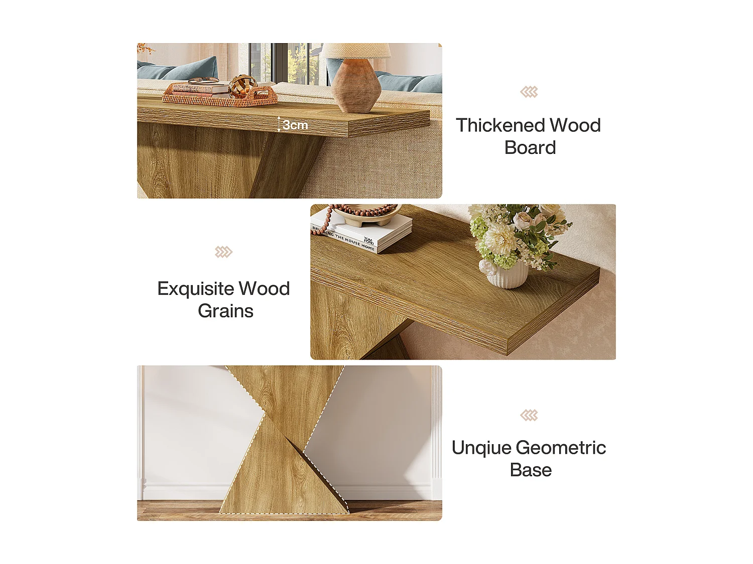 Console d'entrée de 105 cm, table d'appoint étroite à placer derrière un canapé avec un piètement géométrique