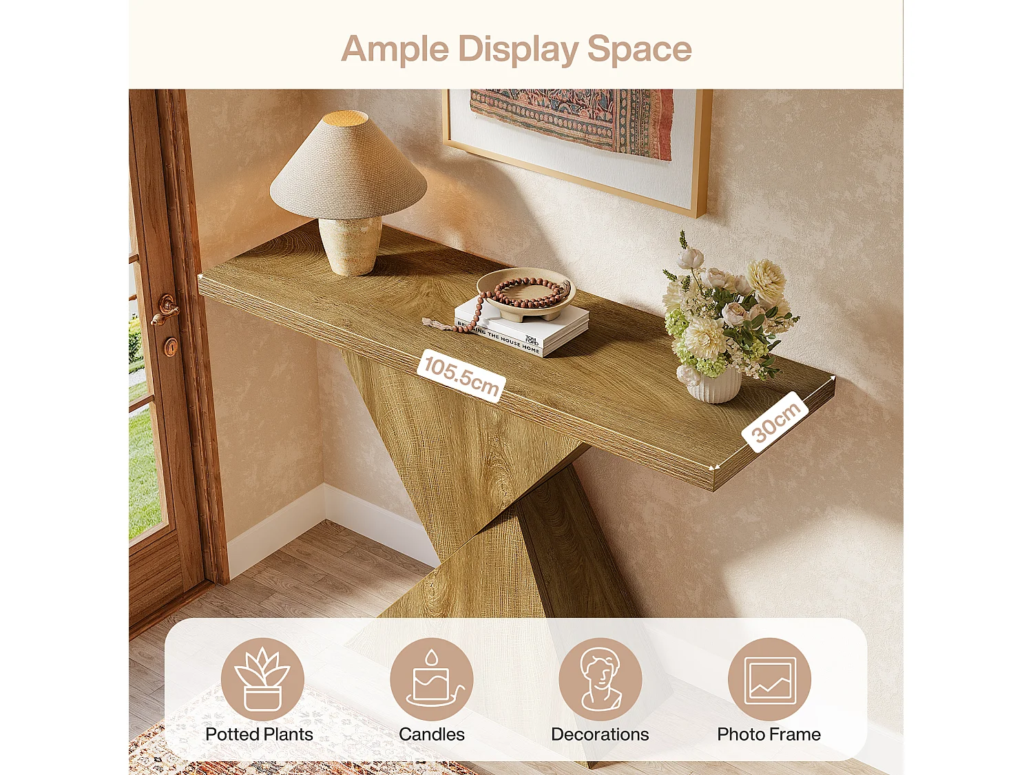 Console d'entrée de 105 cm, table d'appoint étroite à placer derrière un canapé avec un piètement géométrique