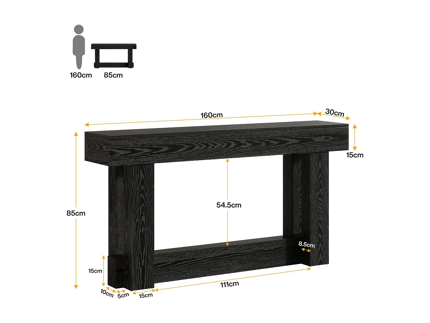 Console de style campagnard de 160 cm, table d'appoint à deux niveaux à placer derrière le canapé, table d'entrée étroite et longue