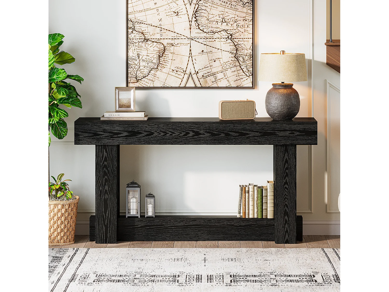 Console de style campagnard de 160 cm, table d'appoint à deux niveaux à placer derrière le canapé, table d'entrée étroite et longue