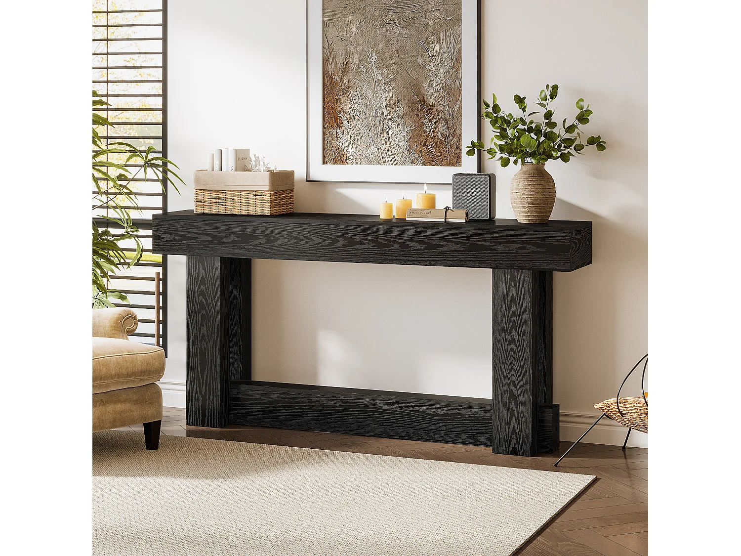Console de style campagnard de 160 cm, table d'appoint à deux niveaux à placer derrière le canapé, table d'entrée étroite et longue