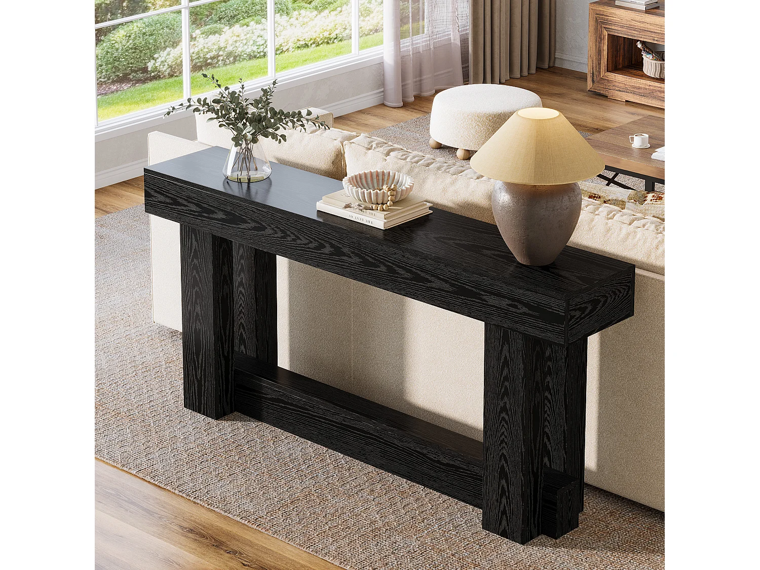 Console de style campagnard de 160 cm, table d'appoint à deux niveaux à placer derrière le canapé, table d'entrée étroite et longue