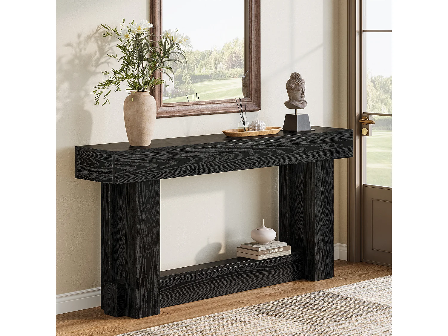 Console de style campagnard de 160 cm, table d'appoint à deux niveaux à placer derrière le canapé, table d'entrée étroite et longue