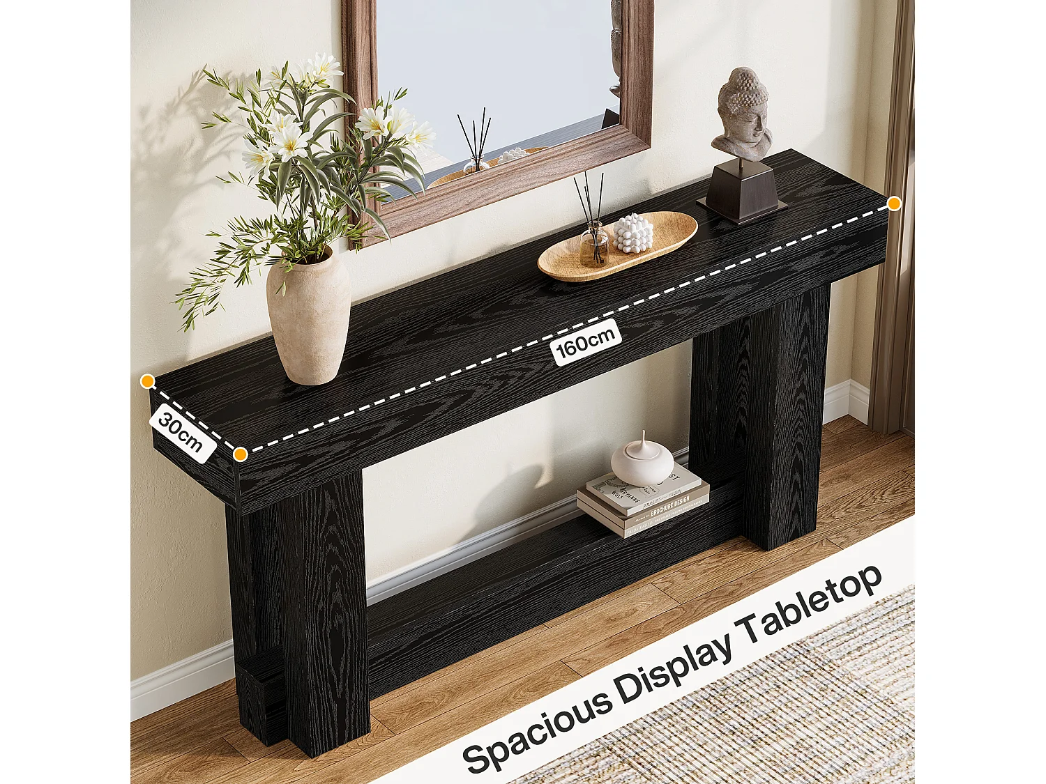 Console de style campagnard de 160 cm, table d'appoint à deux niveaux à placer derrière le canapé, table d'entrée étroite et longue