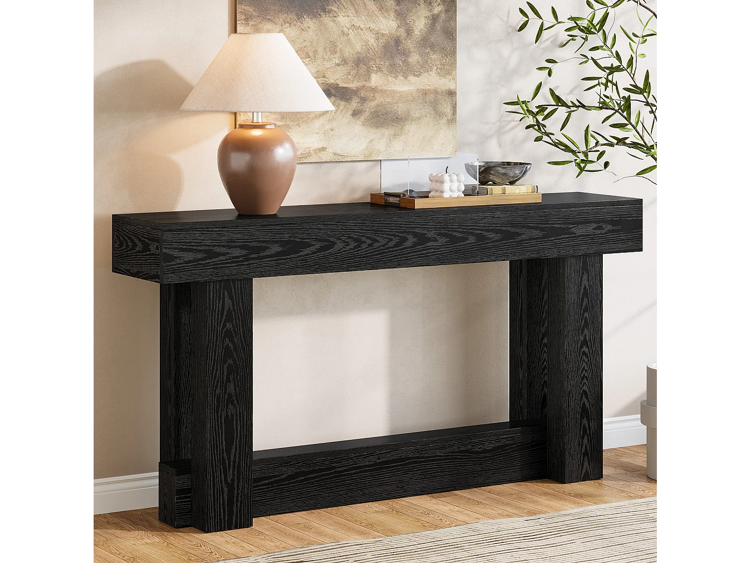 Console de style campagnard de 160 cm, table d'appoint à deux niveaux à placer derrière le canapé, table d'entrée étroite et longue