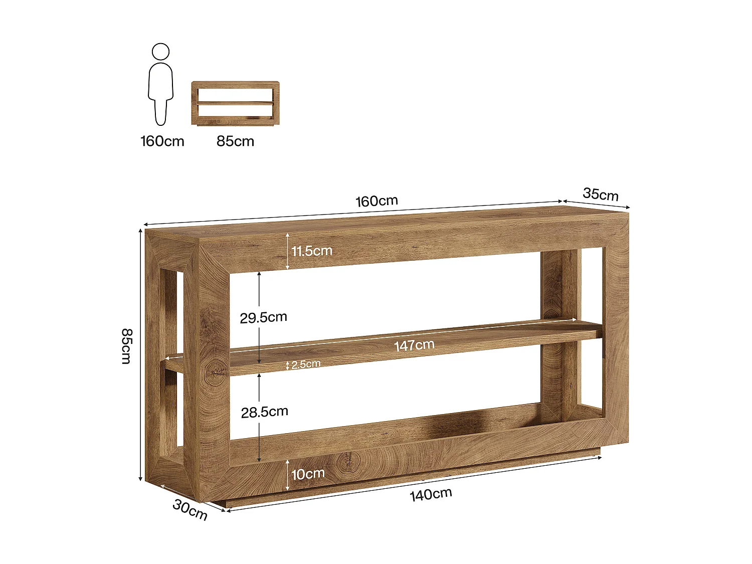 Console de 160 cm, table d'entrée de style campagnard avec étagère de rangement à 3 niveaux pour couloir