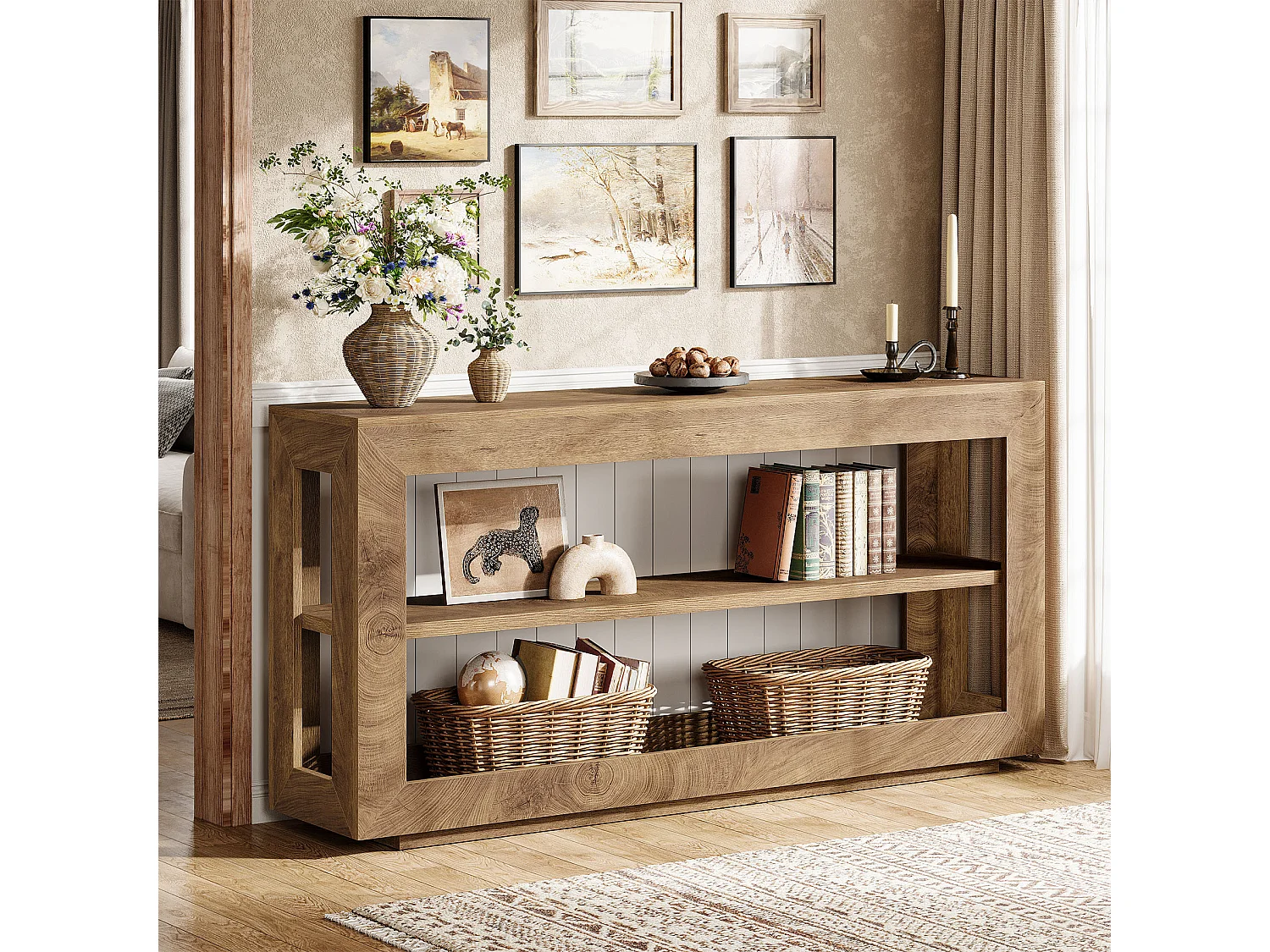 Console de 160 cm, table d'entrée de style campagnard avec étagère de rangement à 3 niveaux pour couloir