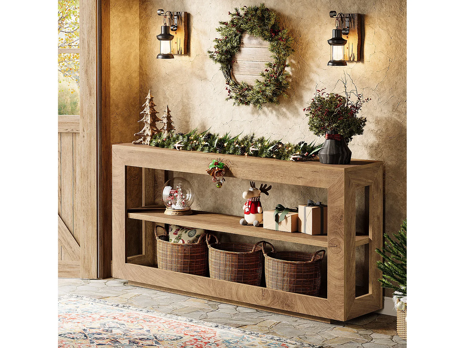 Console de 160 cm, table d'entrée de style campagnard avec étagère de rangement à 3 niveaux pour couloir