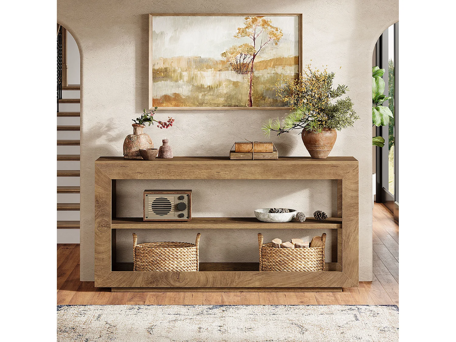 Console de 160 cm, table d'entrée de style campagnard avec étagère de rangement à 3 niveaux pour couloir