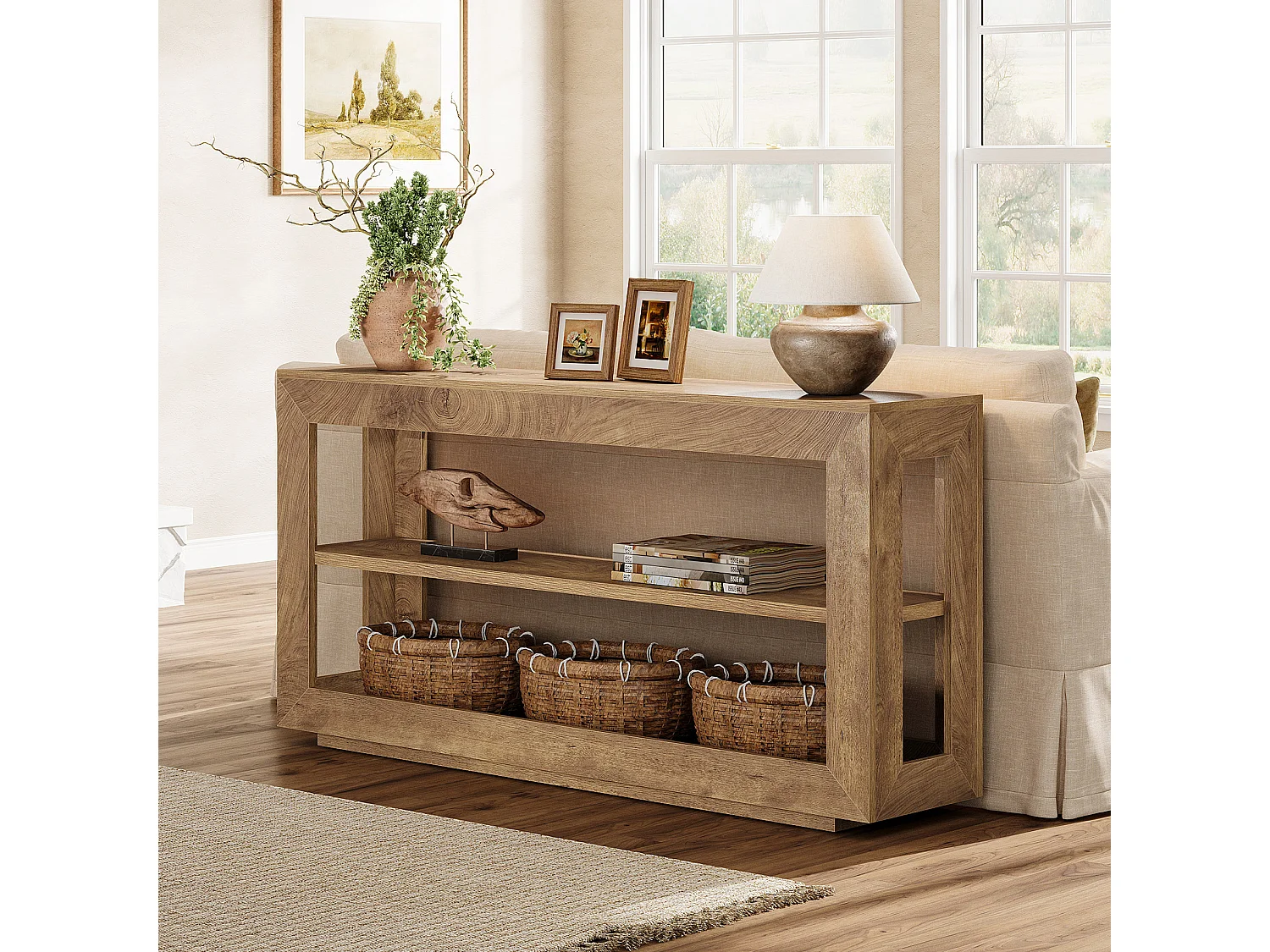 Console de 160 cm, table d'entrée de style campagnard avec étagère de rangement à 3 niveaux pour couloir