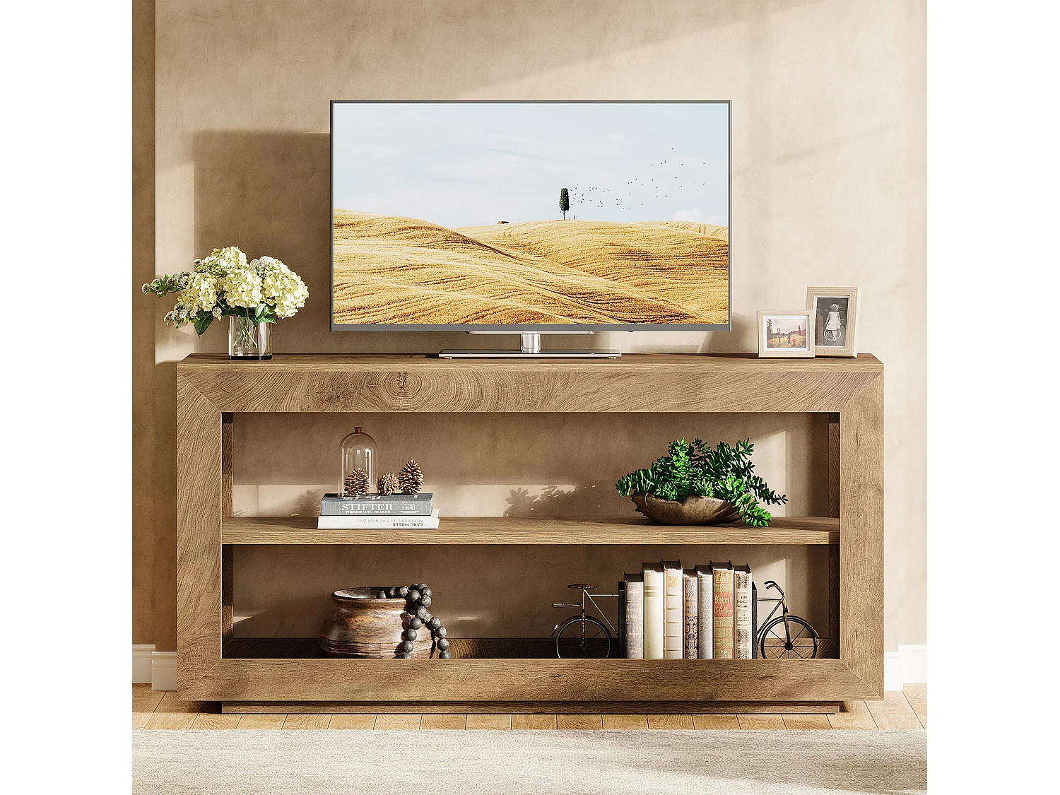 Console de 160 cm, table d'entrée de style campagnard avec étagère de rangement à 3 niveaux pour couloir