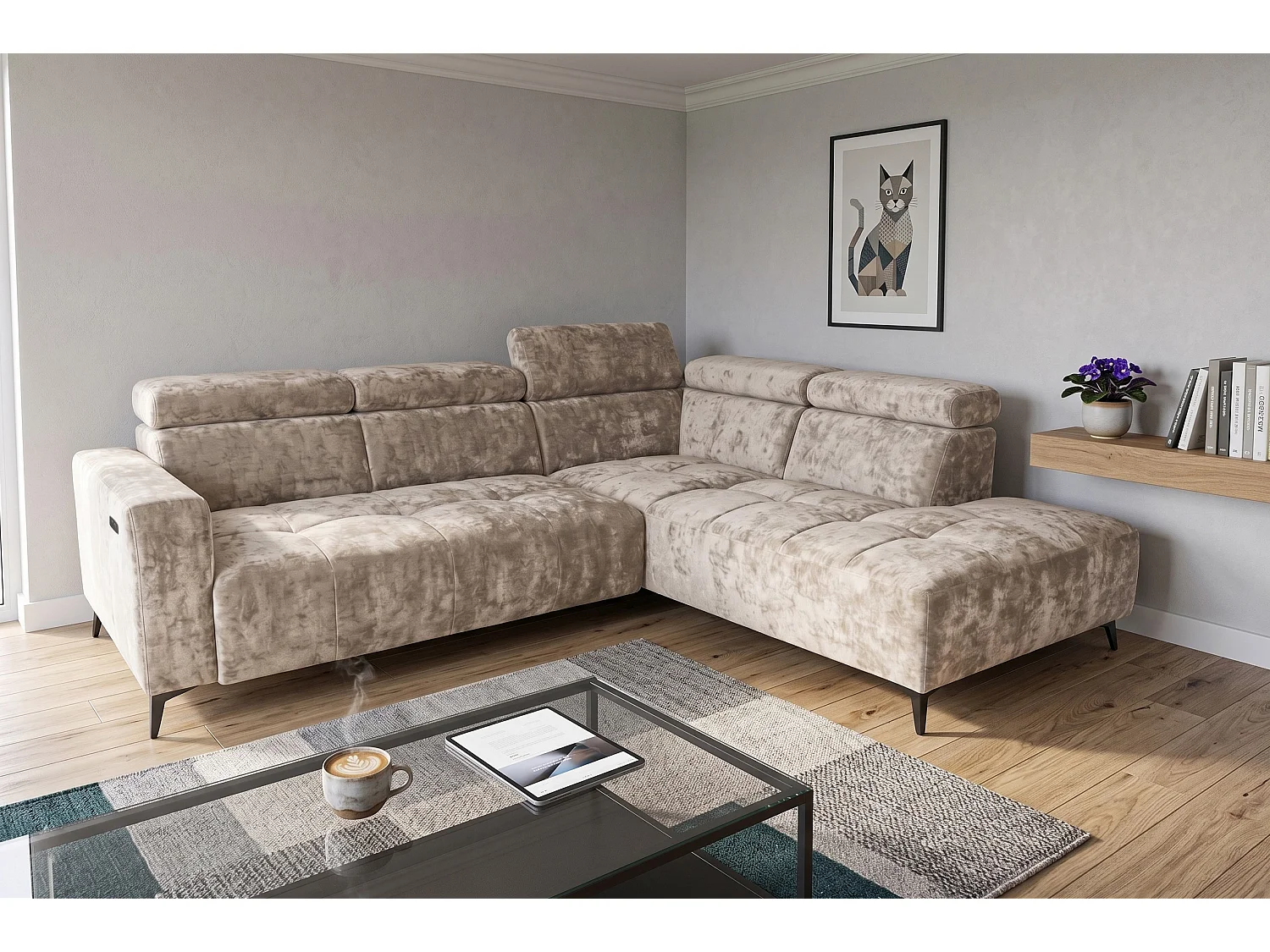 Narożnik Velvet ultra komfort – efekt chmury – miękka tkanina premium – funkcja relax
