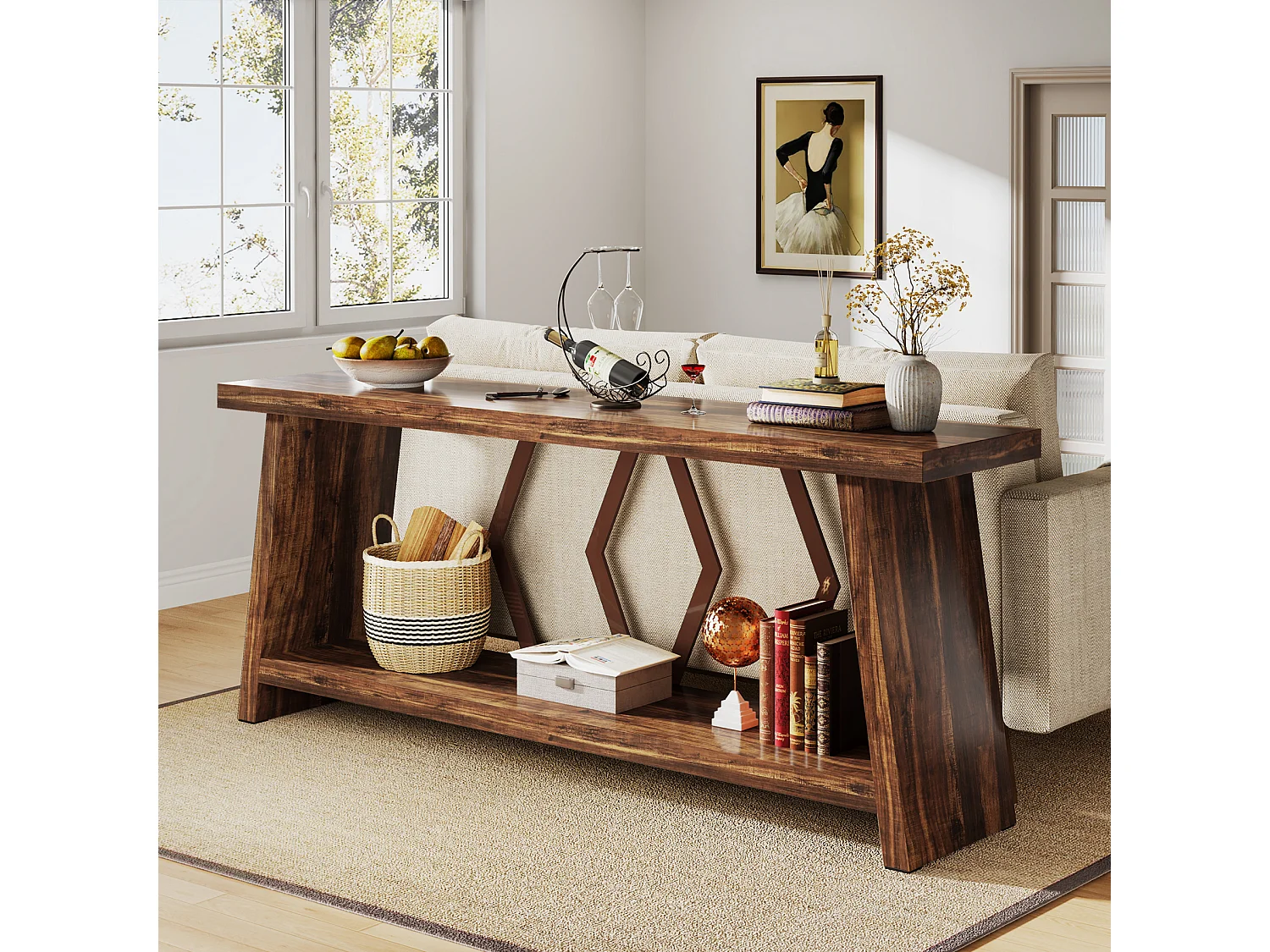 180 cm langer Sofatisch für das Wohnzimmer, schmaler 2-stufiger Konsoletisch mit Stauraum