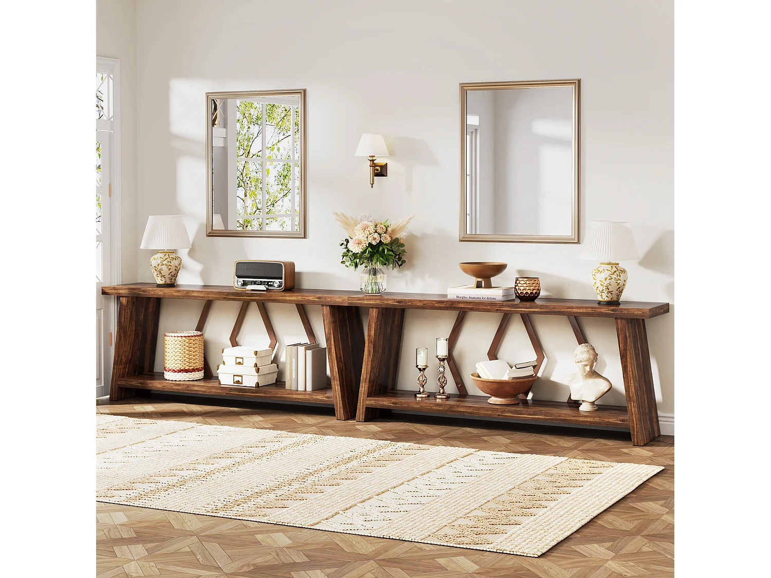 180 cm langer Sofatisch für das Wohnzimmer, schmaler 2-stufiger Konsoletisch mit Stauraum