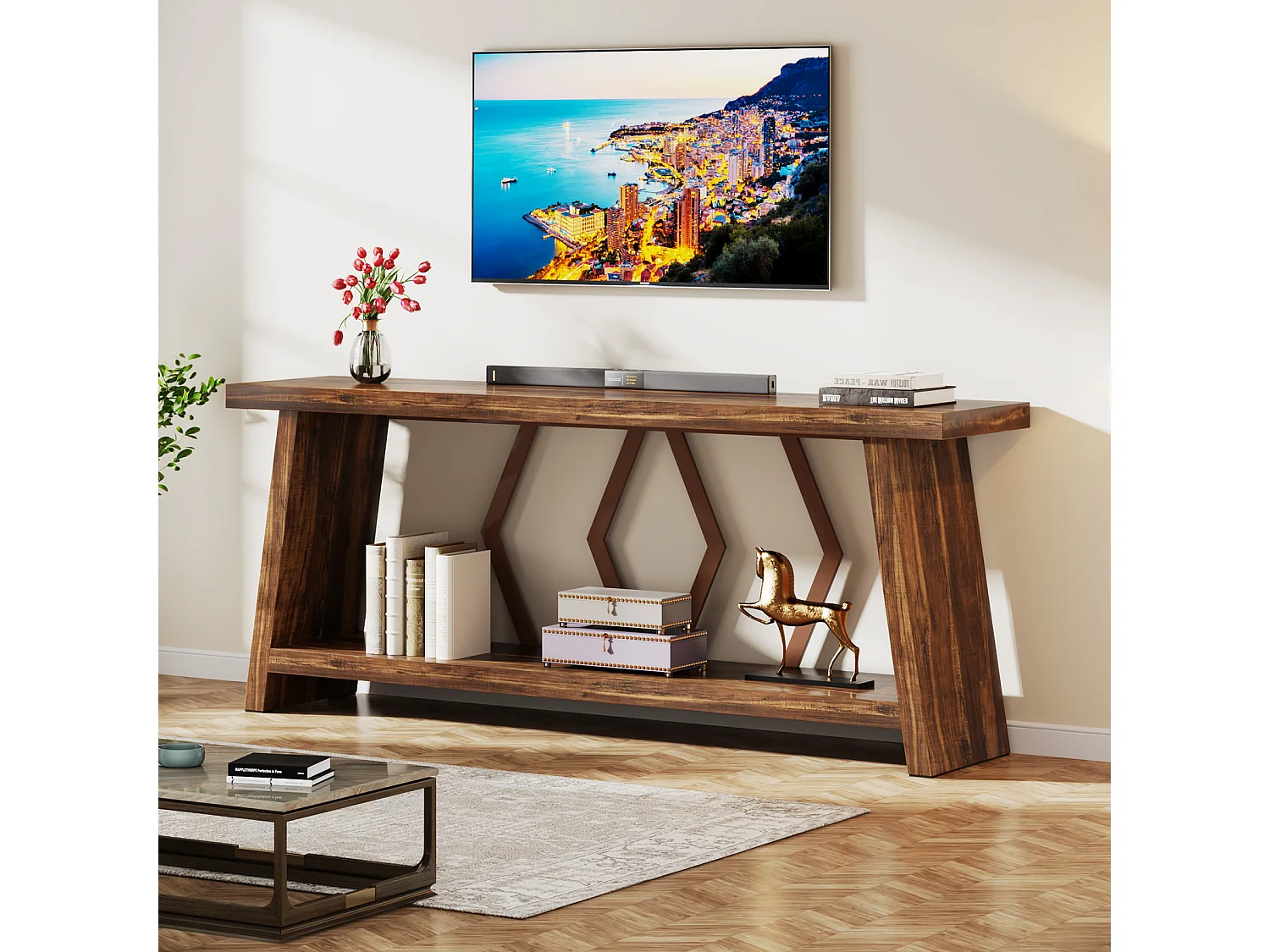 180 cm langer Sofatisch für das Wohnzimmer, schmaler 2-stufiger Konsoletisch mit Stauraum