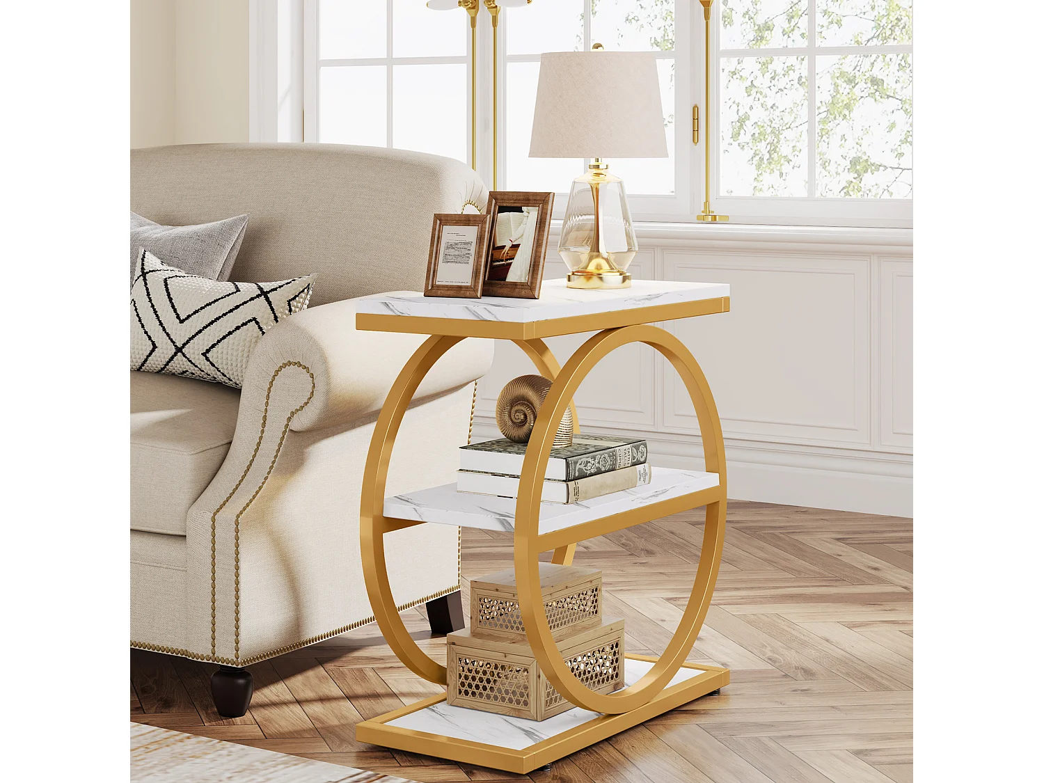 Table d'appoint avec étagères de rangement, table de chevet industrielle en bois à 3 niveaux avec structure en métal noir