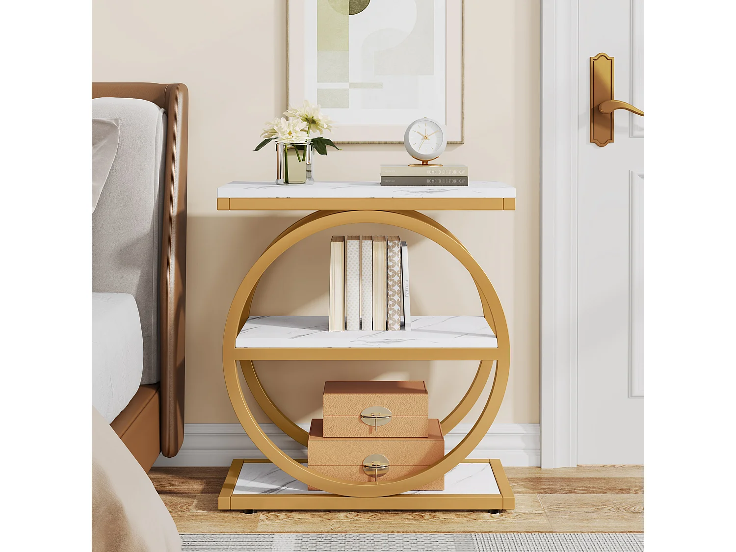 Table d'appoint avec étagères de rangement, table de chevet industrielle en bois à 3 niveaux avec structure en métal noir