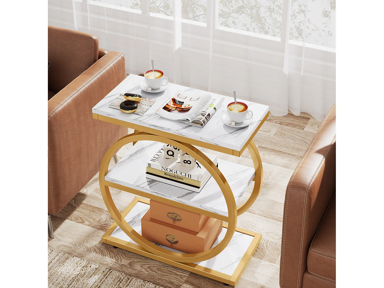 Table d'appoint avec étagères de rangement, table de chevet industrielle en bois à 3 niveaux avec structure en métal noir