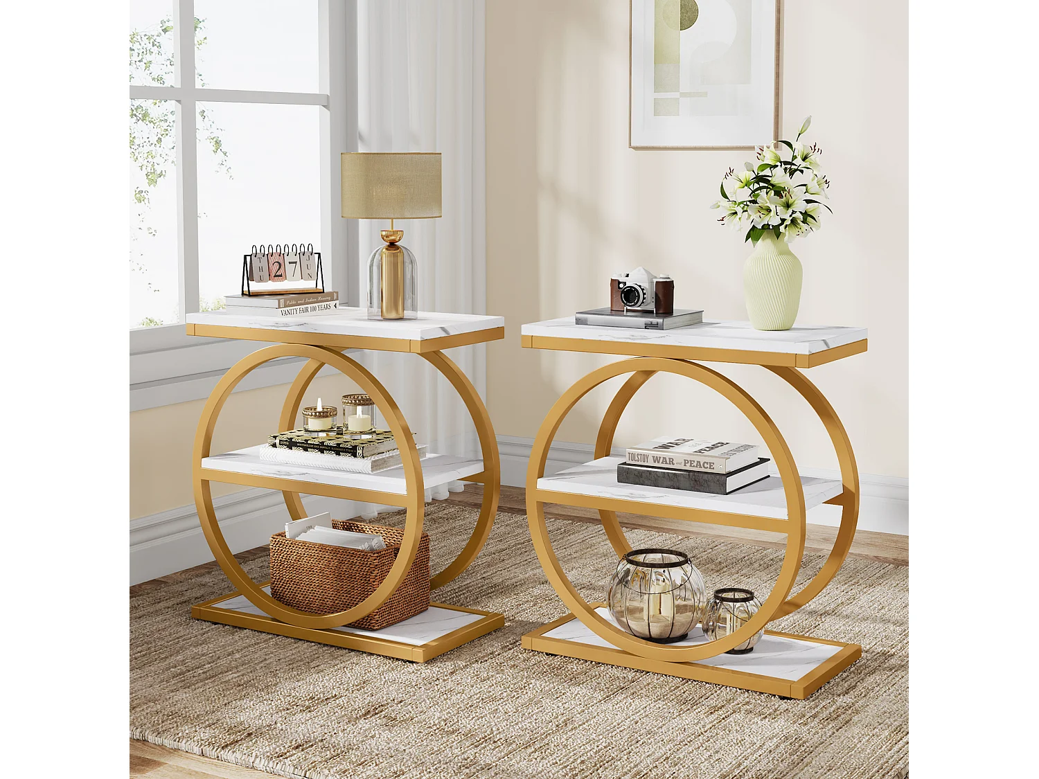 Table d'appoint avec étagères de rangement, table de chevet industrielle en bois à 3 niveaux avec structure en métal noir