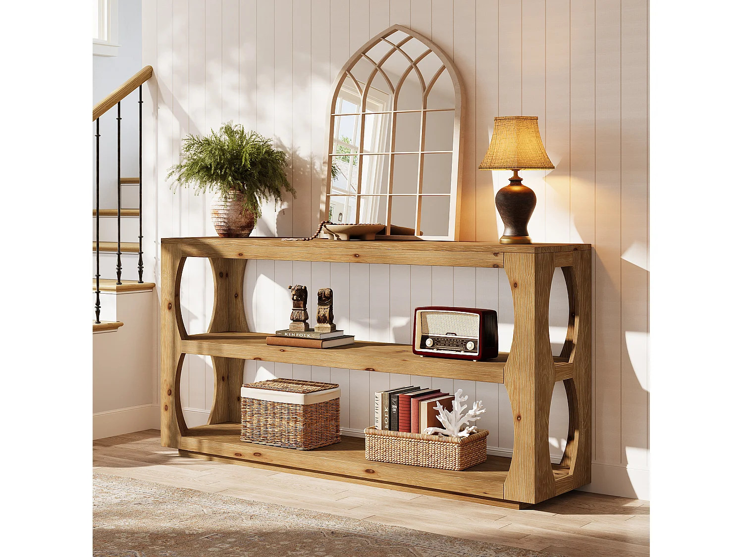 160 cm hohe Konsole mit 3-stufiger Ablage, lange, schmale Landhaus-Entryway-Tabelle für den Flur