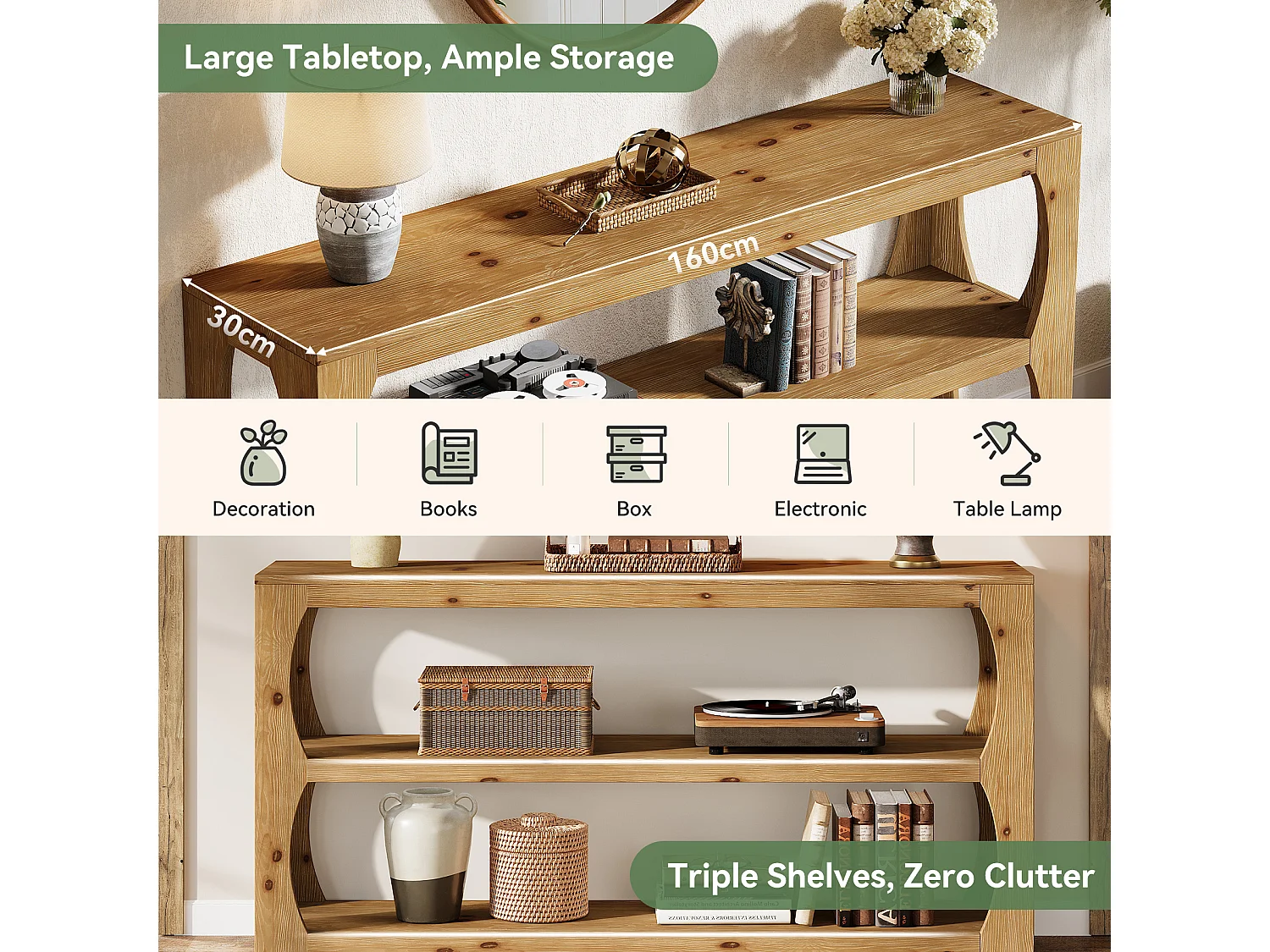 160 cm hohe Konsole mit 3-stufiger Ablage, lange, schmale Landhaus-Entryway-Tabelle für den Flur