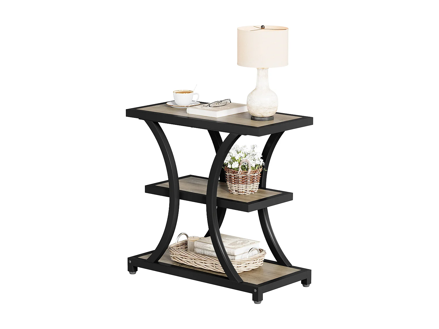 Table d'appoint avec rangement, table de chevet à 3 niveaux avec design géométrique en métal, style industriel