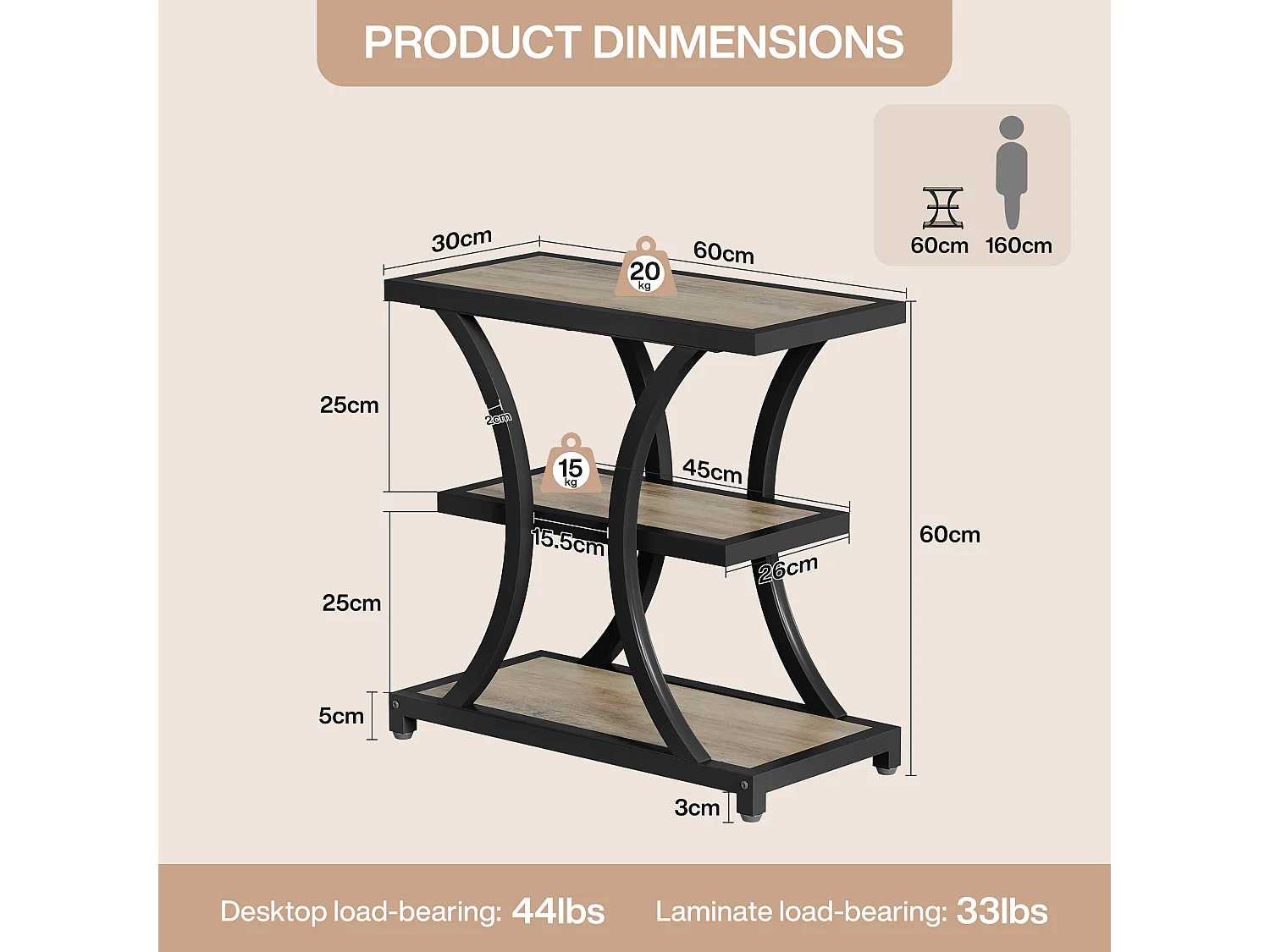Table d'appoint avec rangement, table de chevet à 3 niveaux avec design géométrique en métal, style industriel