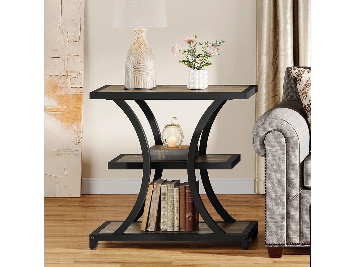 Table d'appoint avec rangement, table de chevet à 3 niveaux avec design géométrique en métal, style industriel
