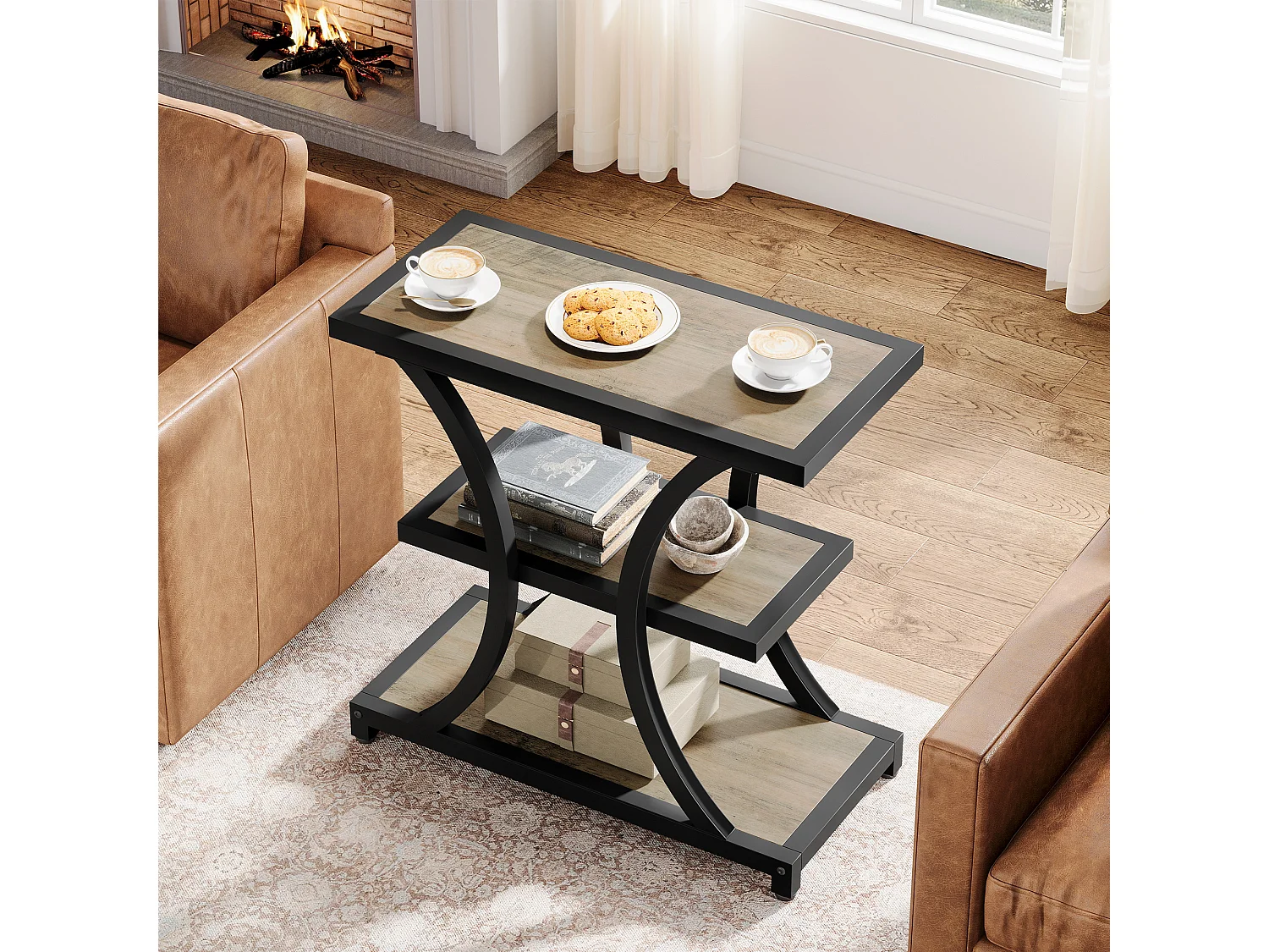 Table d'appoint avec rangement, table de chevet à 3 niveaux avec design géométrique en métal, style industriel