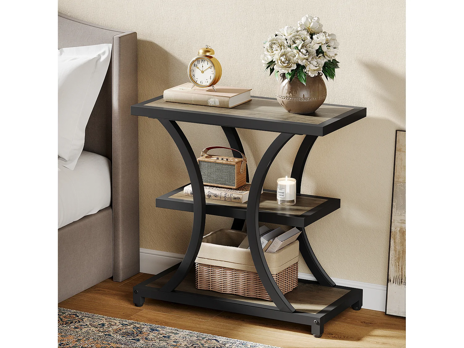 Table d'appoint avec rangement, table de chevet à 3 niveaux avec design géométrique en métal, style industriel