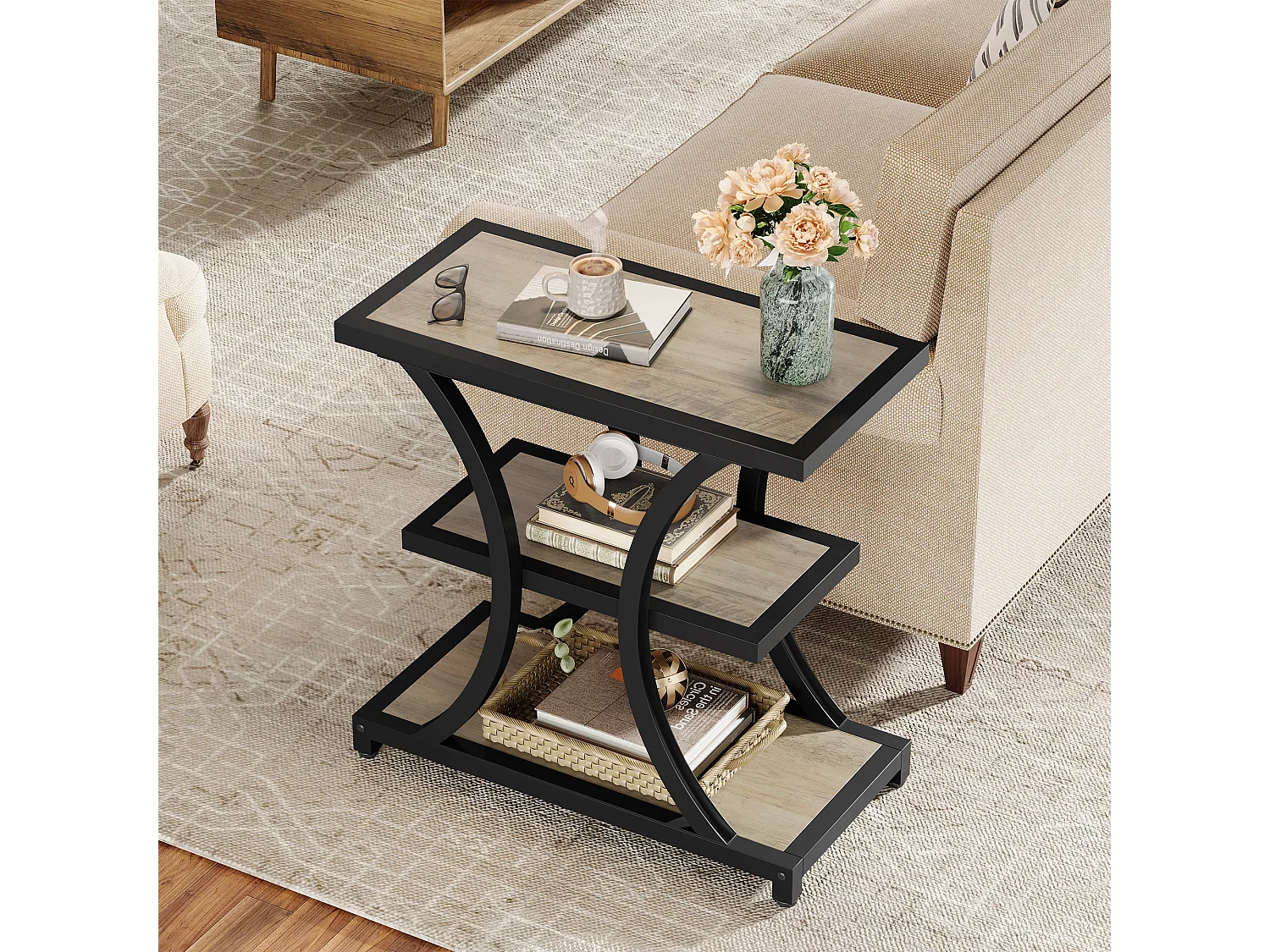 Table d'appoint avec rangement, table de chevet à 3 niveaux avec design géométrique en métal, style industriel