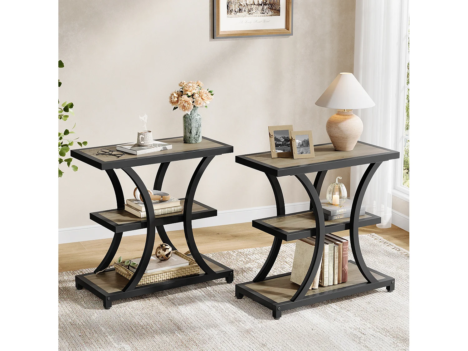 Table d'appoint avec rangement, table de chevet à 3 niveaux avec design géométrique en métal, style industriel
