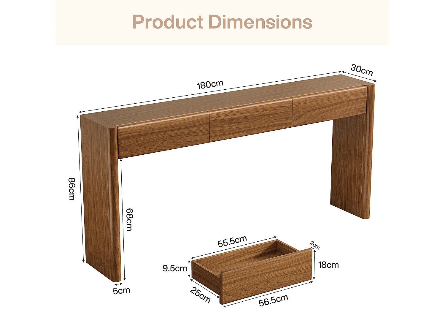 Console à 3 tiroirs, 180 cm, table d'entrée à placer derrière un canapé