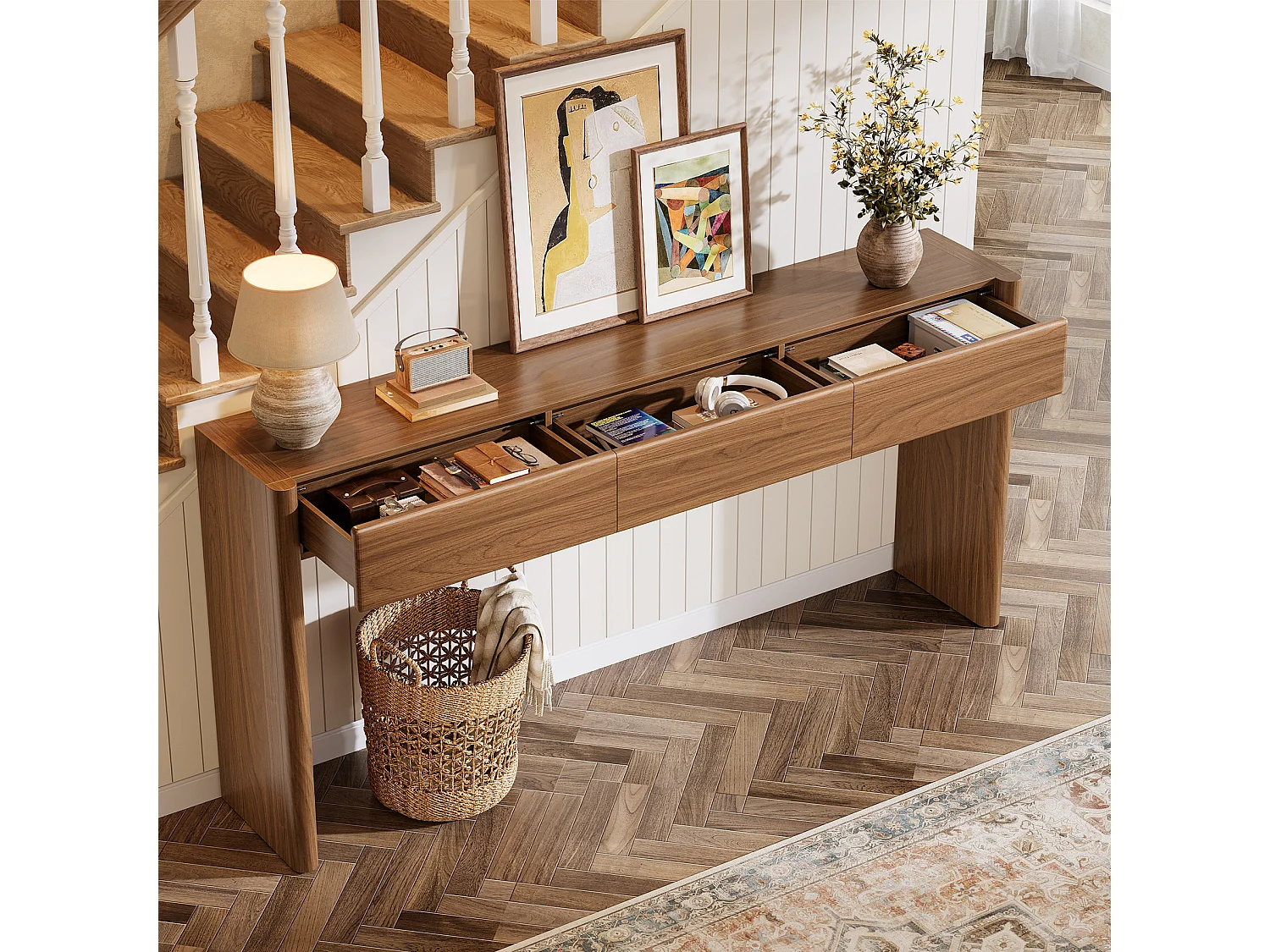 Console à 3 tiroirs, 180 cm, table d'entrée à placer derrière un canapé