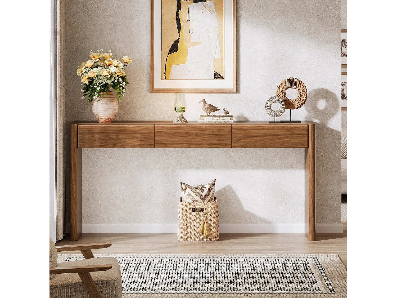 Console à 3 tiroirs, 180 cm, table d'entrée à placer derrière un canapé