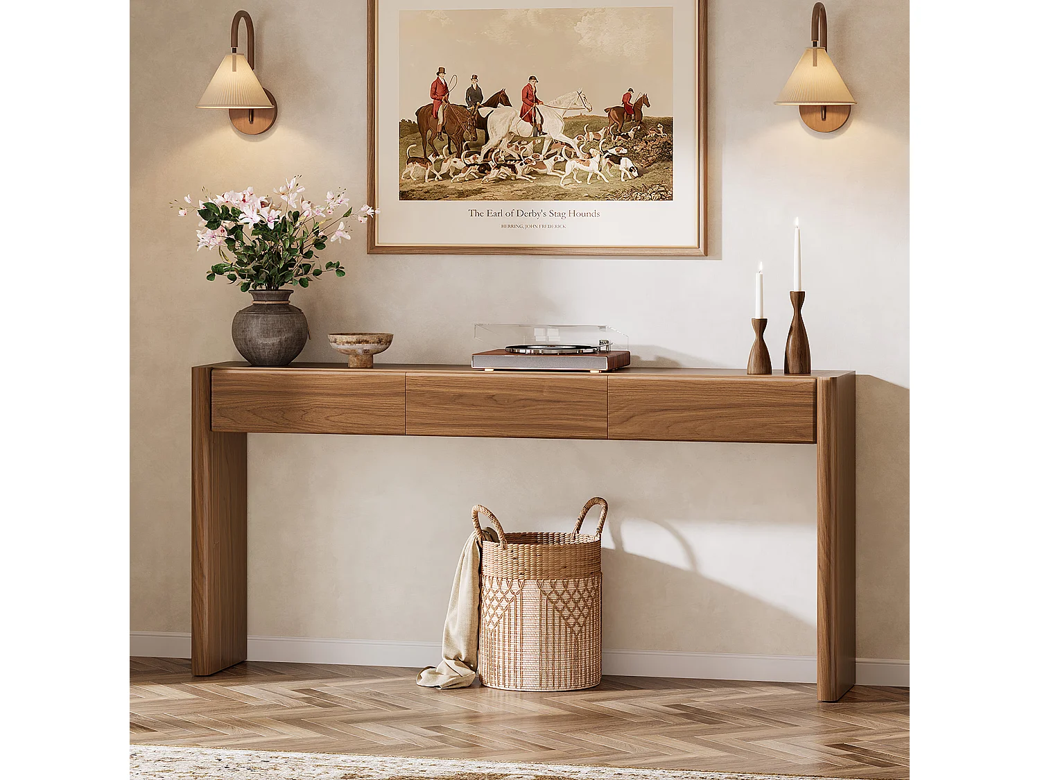 Console à 3 tiroirs, 180 cm, table d'entrée à placer derrière un canapé