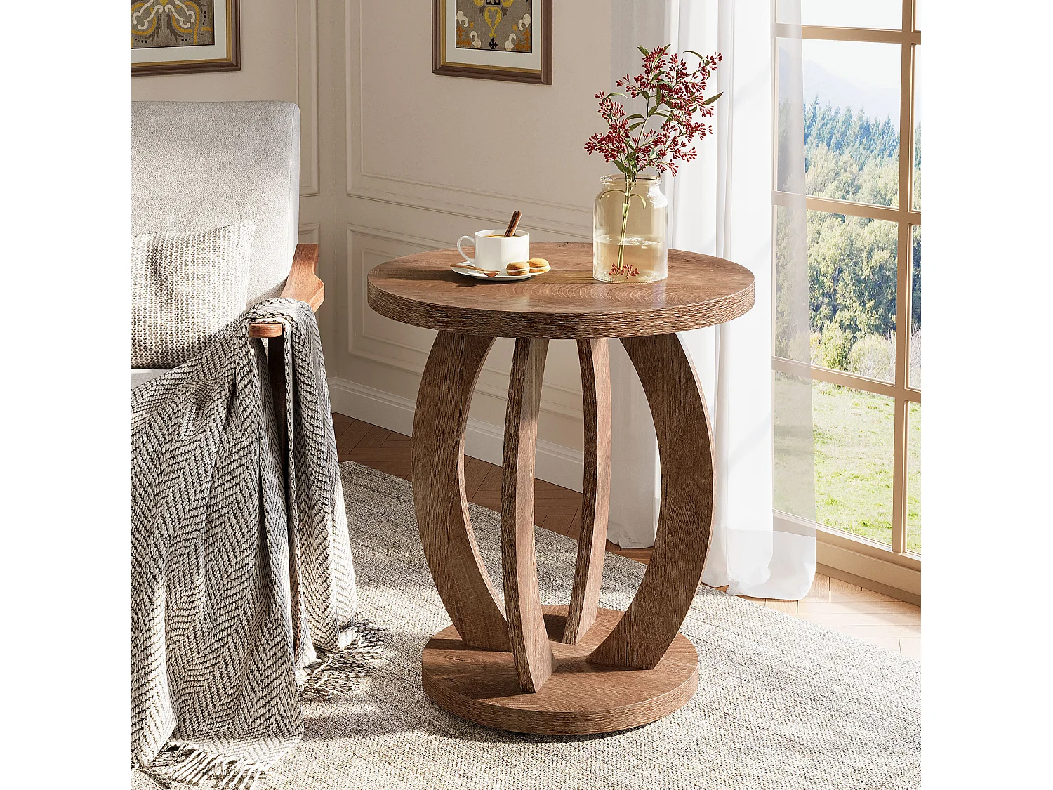 Rundt sidebord med opbevaring, landligt natbord, sengebord med rund bordplade, accentbord